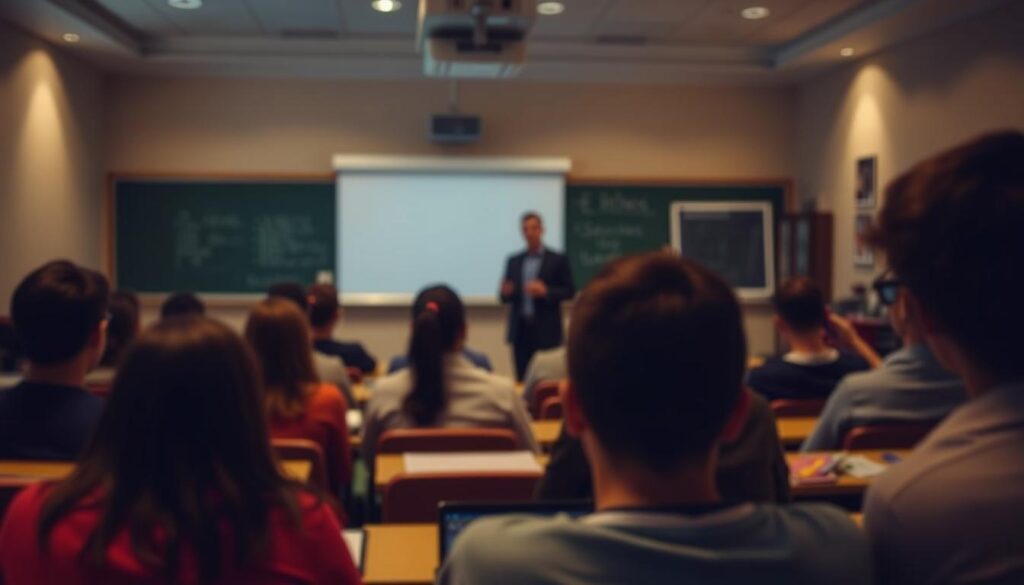 A dimly lit classroom with rows of desks, a chalkboard, and a projector screen. In the foreground, a group of students intently listening, their faces lit by the soft glow of a laptop screen. In the middle ground, a teacher stands, gesturing towards the screen, explaining strategies for the IELTS Listening test. The background is blurred, but suggests the atmosphere of a focused, educational environment. Warm, muted tones create a sense of concentration and study. The lighting is soft, creating an intimate, introspective mood.