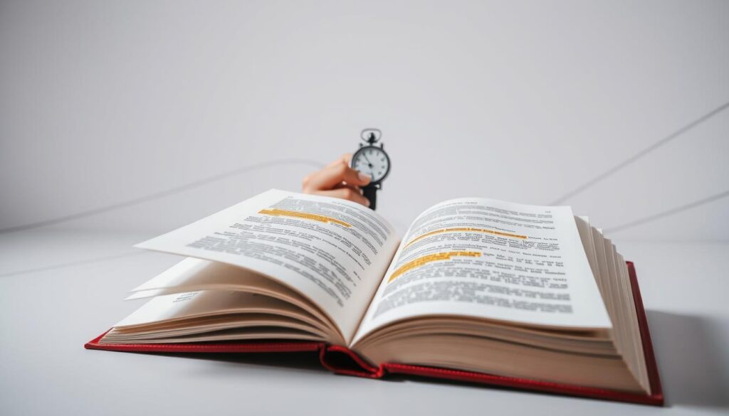 A highly focused, intricate study of IELTS reading speed. In the foreground, an open book with highlighted passages, conveying the intensity of focused study. In the middle ground, a hand using a stopwatch, capturing the essence of time management. The background features a minimalist, monochromatic setting, with subtle lines and shapes suggesting the structured nature of the IELTS exam. Soft, directional lighting illuminates the scene, creating a sense of clarity and determination. The overall atmosphere is one of disciplined preparation, where every second counts towards achieving a higher IELTS band.