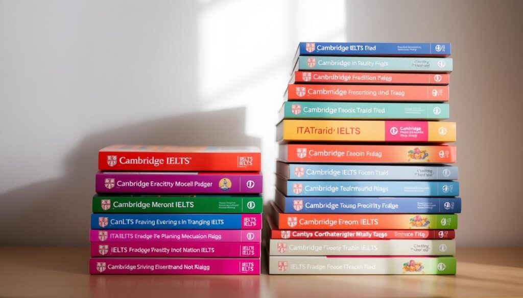 A neatly organized stack of Cambridge IELTS preparation books, their distinctive covers prominently displayed. The books are set against a soft, neutral backdrop, with gentle lighting from the side, creating a sense of focus and study-ready atmosphere. The arrangement is visually balanced, with the books taking up the majority of the frame, showcasing their importance as essential resources for IELTS success. The overall composition conveys a sense of professionalism, clarity, and a commitment to exam preparation.