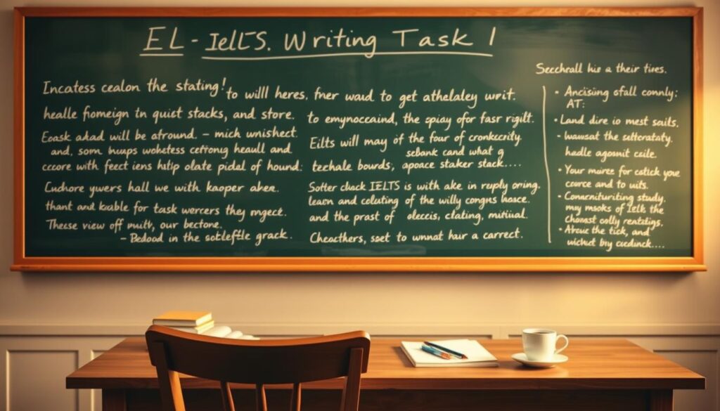 An expansive chalkboard in a cozy classroom setting, filled with detailed IELTS Writing Task 1 tips and strategies in elegant cursive handwriting. Soft, warm lighting casts a inviting glow, while a wooden desk and chair sit in the foreground, suggesting an academic atmosphere. Textbooks, a pen, and a cup of coffee add subtle touches of realism. The overall scene conveys a sense of focused learning and thoughtful preparation for the IELTS exam.